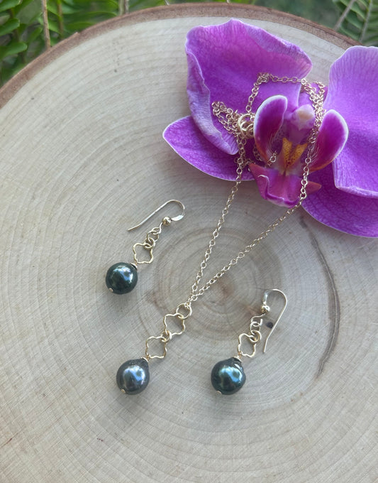 14K Gold Filled Tahitian Pearl Necklace and Earring Set